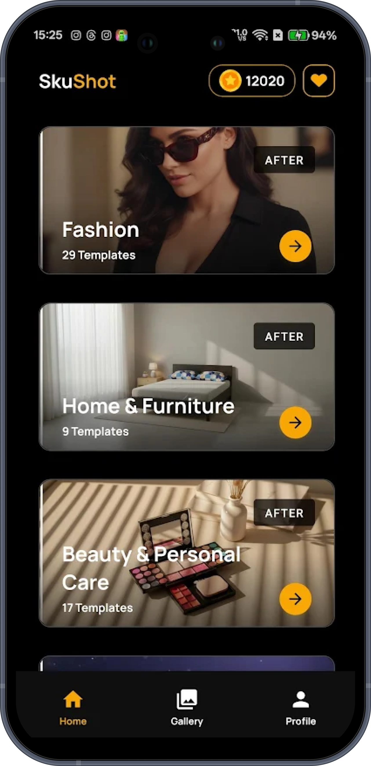 SkuShot app — home categories on phone