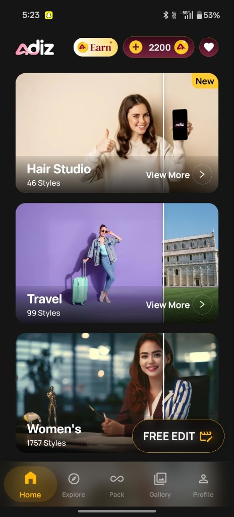 Adiz app home screen