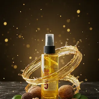 Hair serum — premium dark scene with liquid swirl