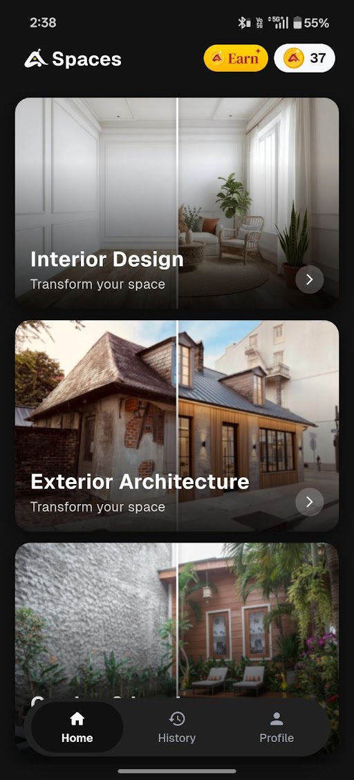 Adiz Spaces app home screen